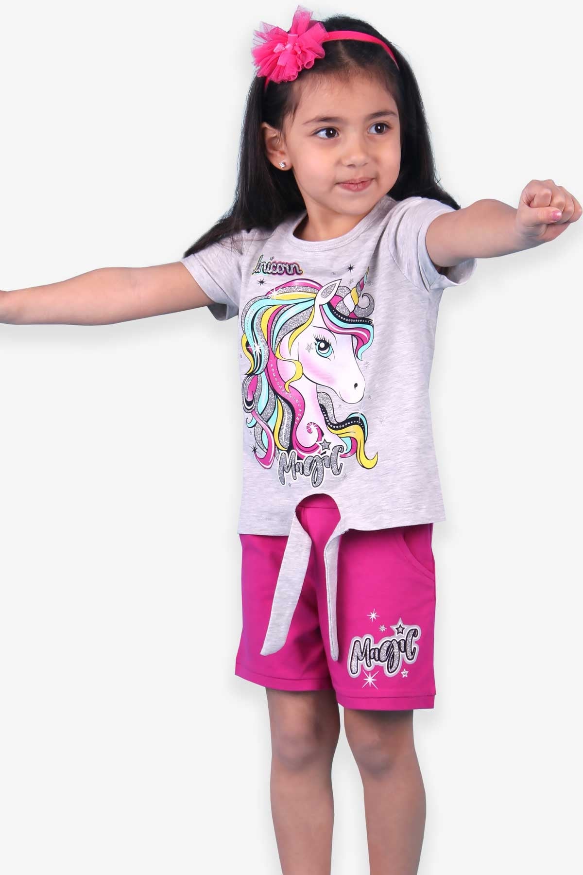 Breeze Kız Çocuk Şortlu Takım Unicorn Gri Melanj (3-6 Yaş)