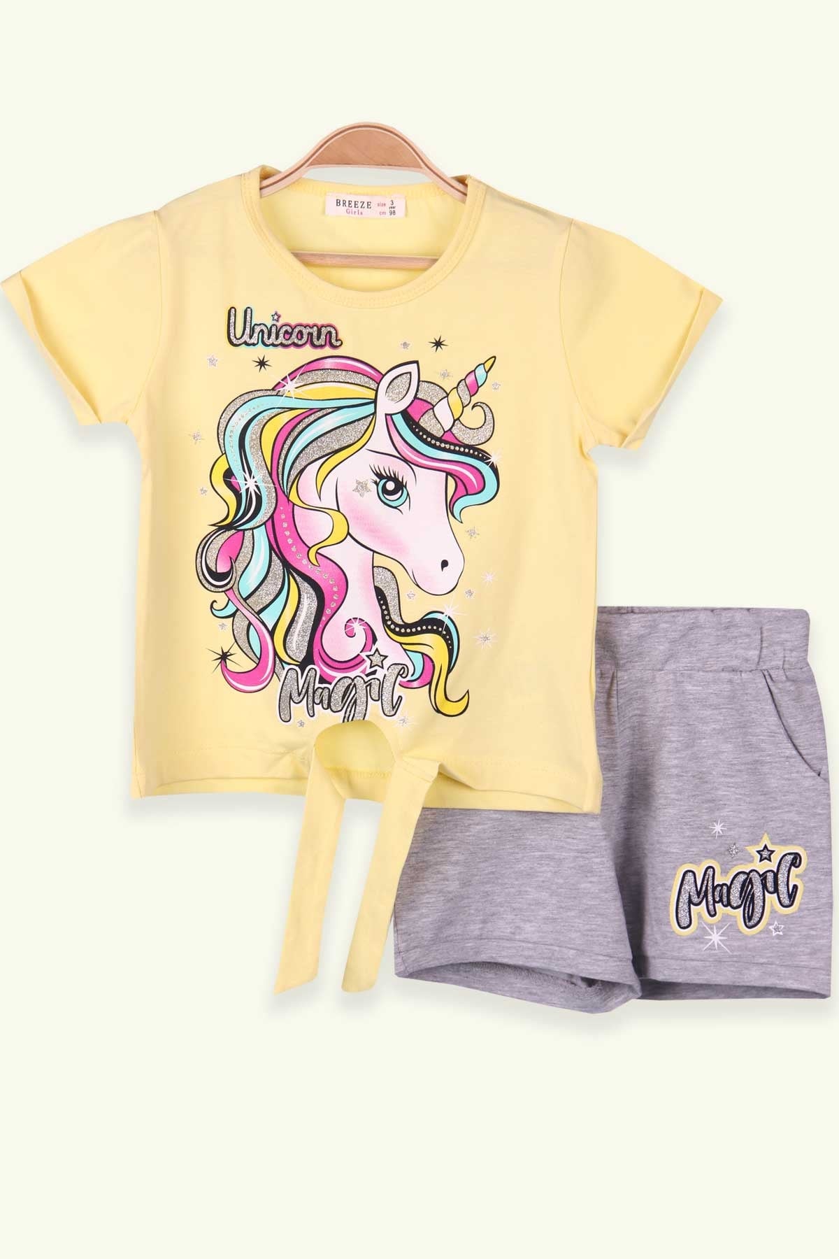 Breeze Kız Çocuk Şortlu Takım Unicorn Sarı (3 Yaş-8 Yaş)