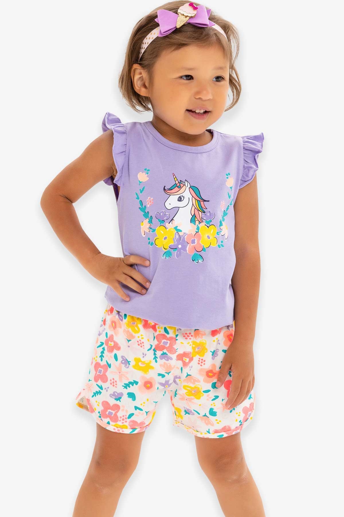 Breeze Kız Çocuk Şortlu Takım Unicorn Lila (3-7 Yaş)