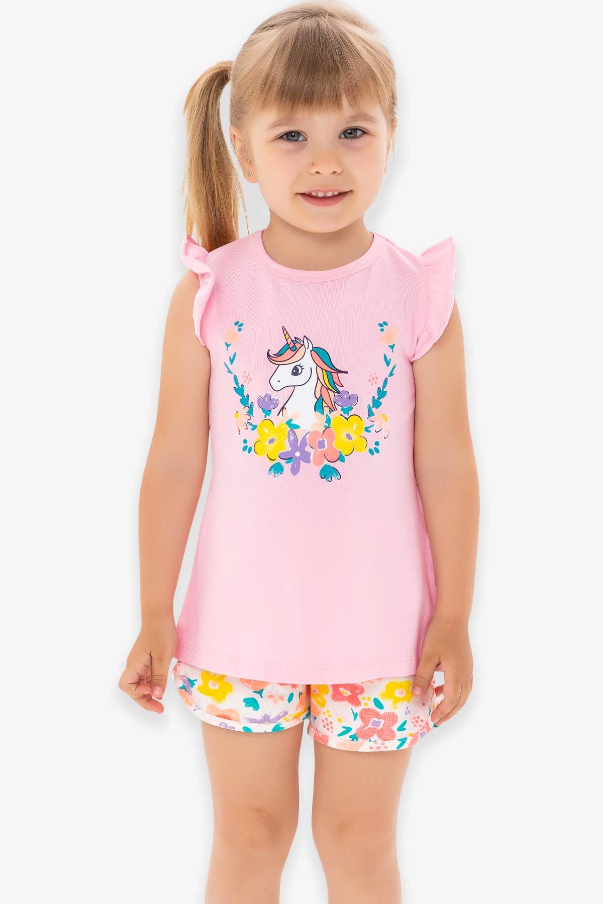 Breeze Kız Çocuk Şortlu Takım Unicorn Pudra (3-7 Yaş)