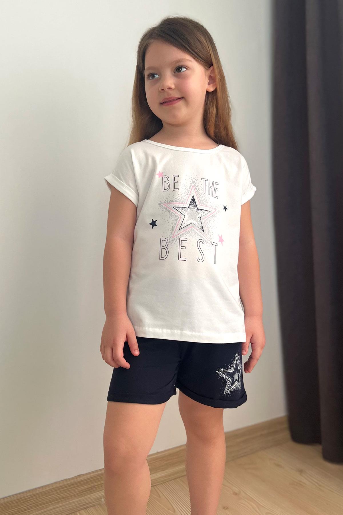 Breeze Kız Çocuk Şortlu Takım Yıldız Baskılı Beli Lastikli Beyaz (5-10 Yaş)