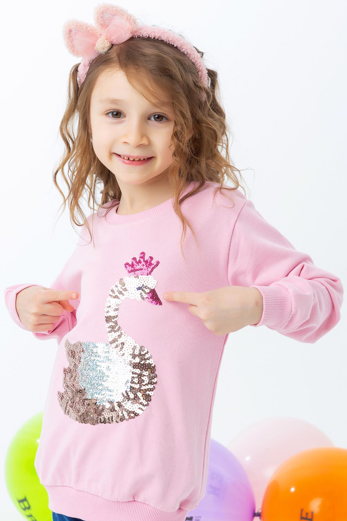 Breeze Kız Çocuk Sweat Kuğu Baskılı Pudra Pembe (2-6 Yaş)