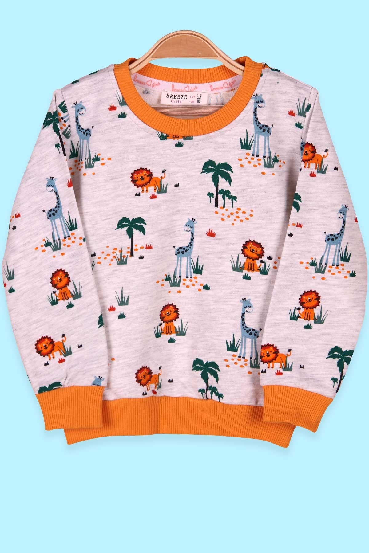 Breeze Kız Çocuk Sweatshirt Aslanlı Zürafalı Açık Gri (1.5-5 Yaş)