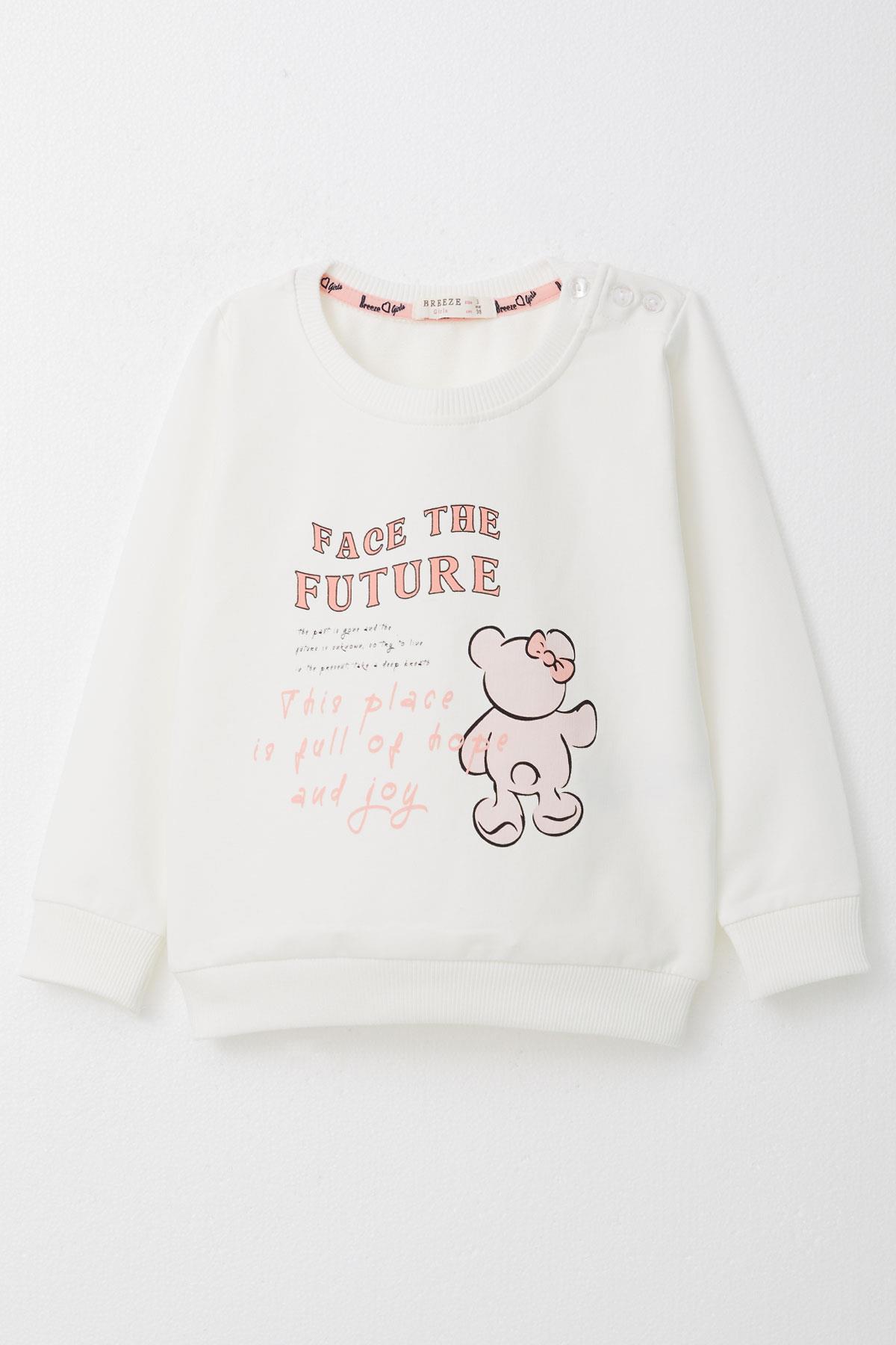 Breeze Kız Çocuk Sweatshirt Ayıcık & Yazı Baskılı Ekru (1.5-5 Yaş)