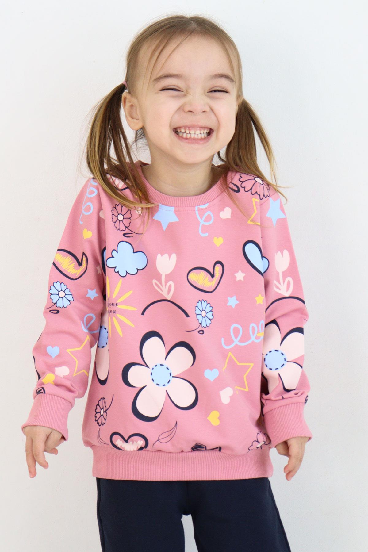 Breeze Kız Çocuk Sweatshirt Bahar Temalı Çiçek Desenli Gülkurusu (2-5 Yaş)