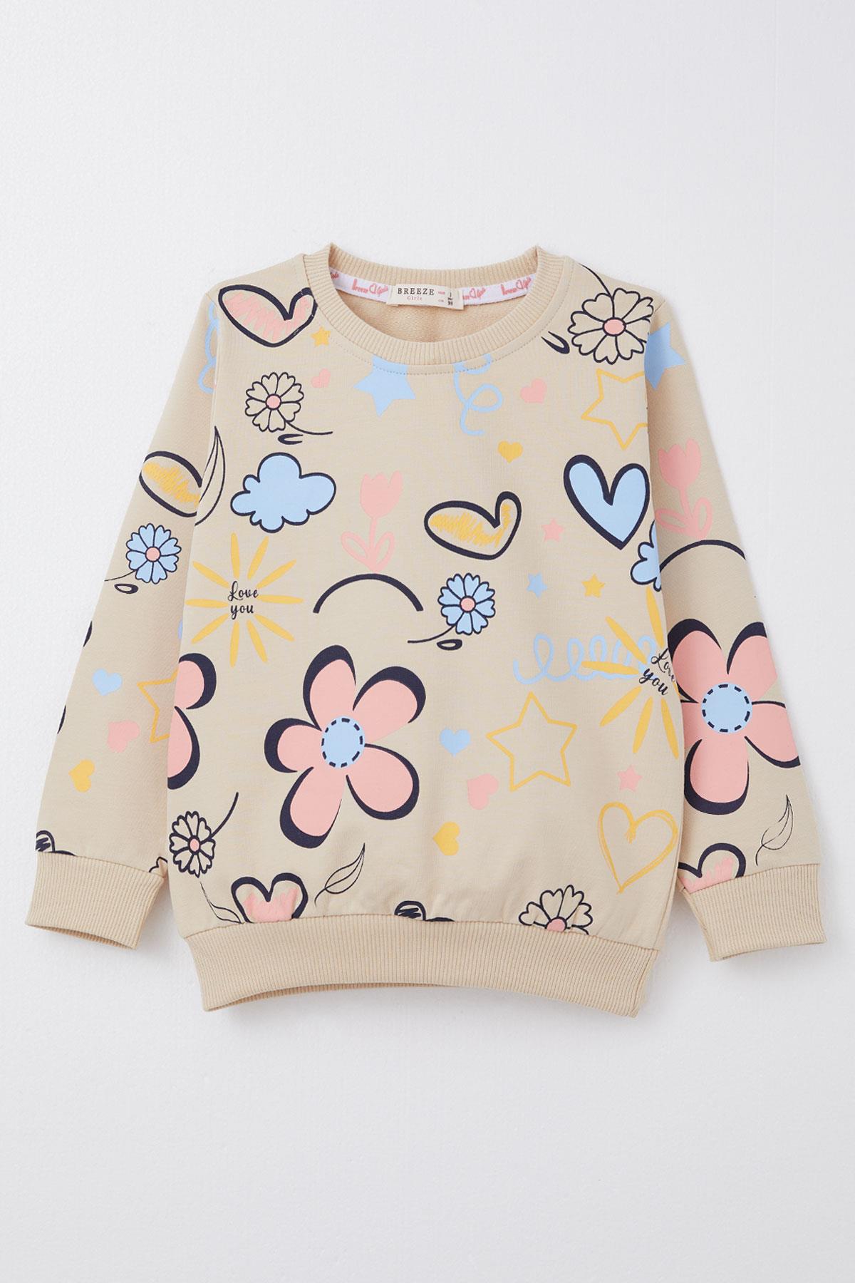 Breeze Kız Çocuk Sweatshirt Bahar Temalı Çiçek Desenli Bej (2-6 Yaş)