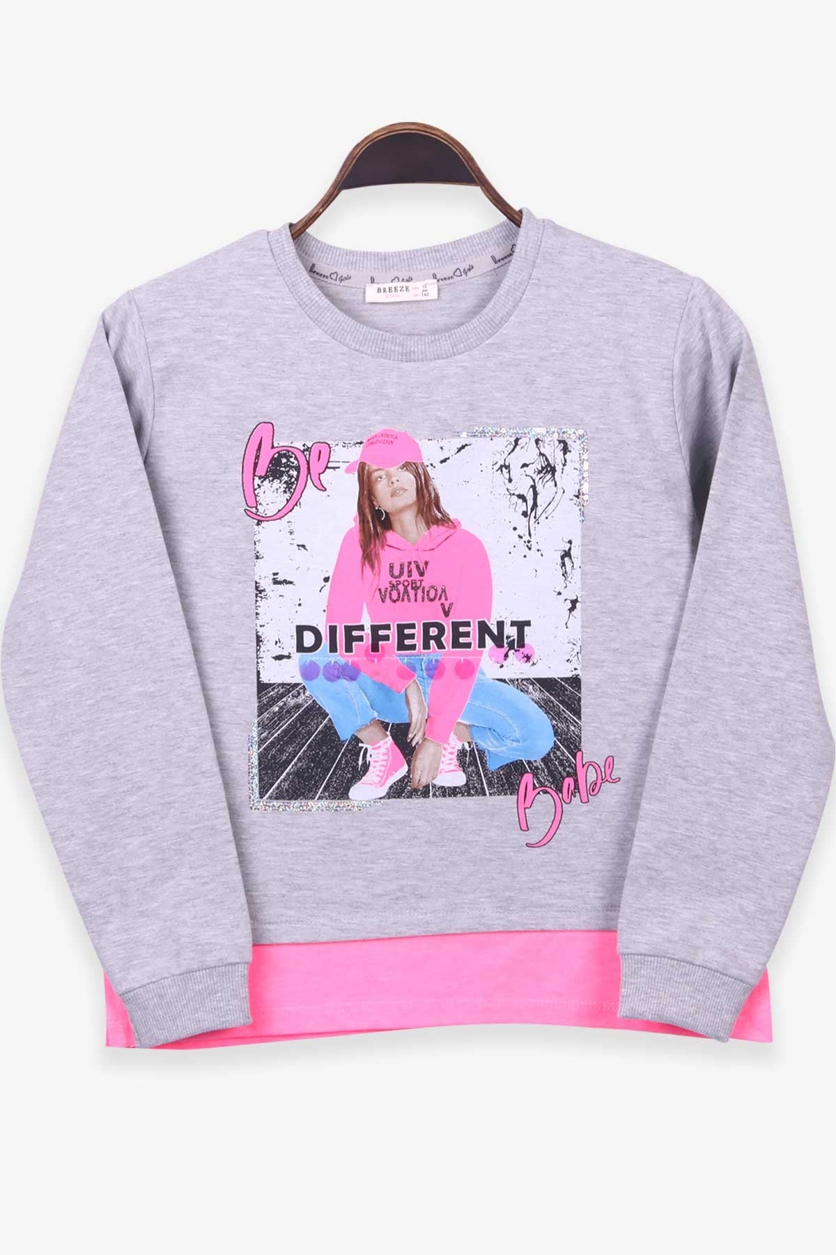 Breeze Kız Çocuk Sweatshirt Baskılı Açık Gri Melanj (10-14 Yaş)