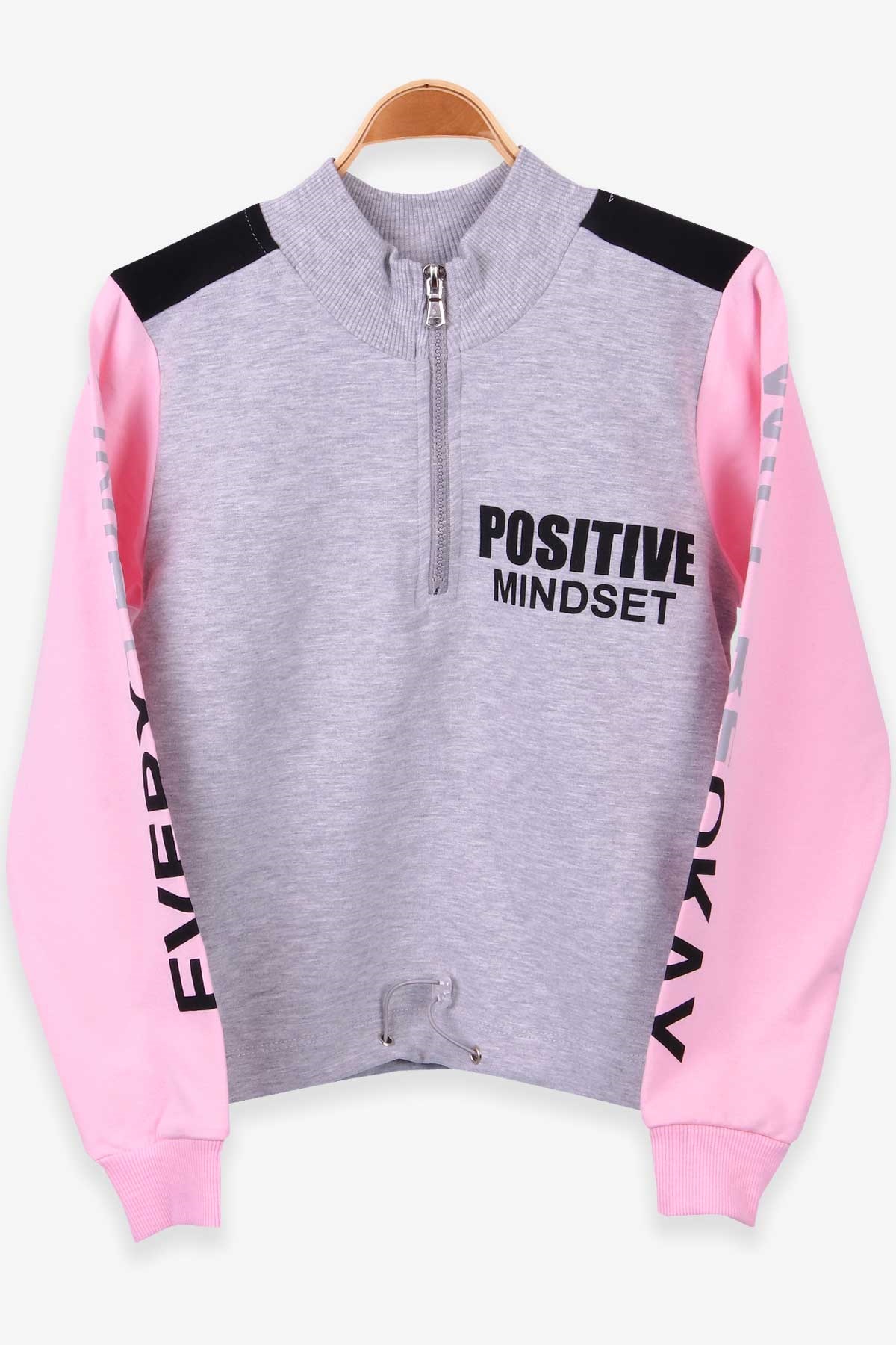 Breeze Kız Çocuk Sweatshirt Baskılı Fermuarlı Gri Melanj (9-14 Yaş)