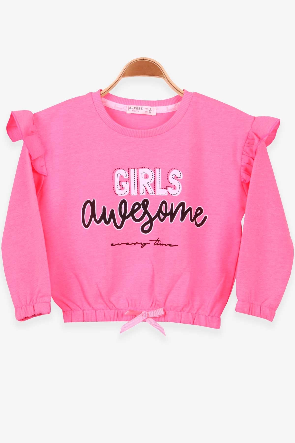 Breeze Kız Çocuk Sweatshirt Baskılı Fırfırlı Neon Pembe (3-7 Yaş)