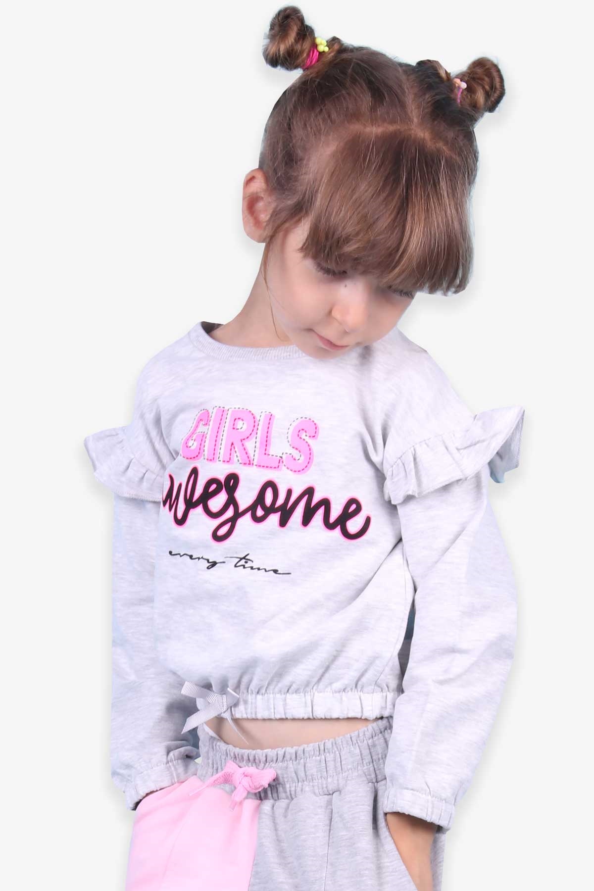 Breeze Kız Çocuk Sweatshirt Baskılı Fırfırlı Açık Gri Melanj (3-7 Yaş)