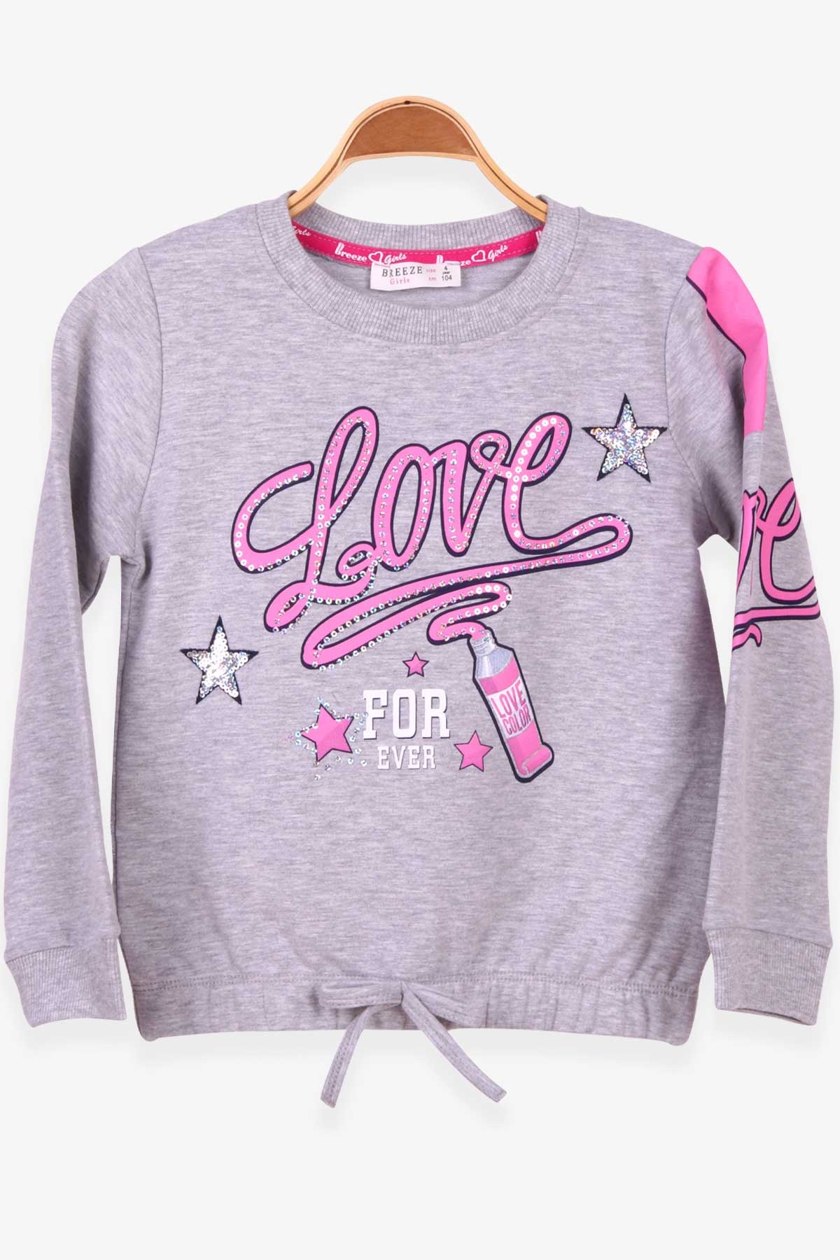 Breeze Kız Çocuk Sweatshirt Baskılı Fiyonklu Gri Melanj (9 Yaş)