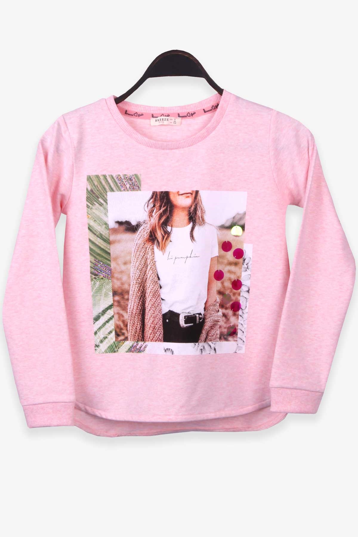 Breeze Kız Çocuk Sweatshirt Baskılı Pullu Somon Melanj (9-14 Yaş)
