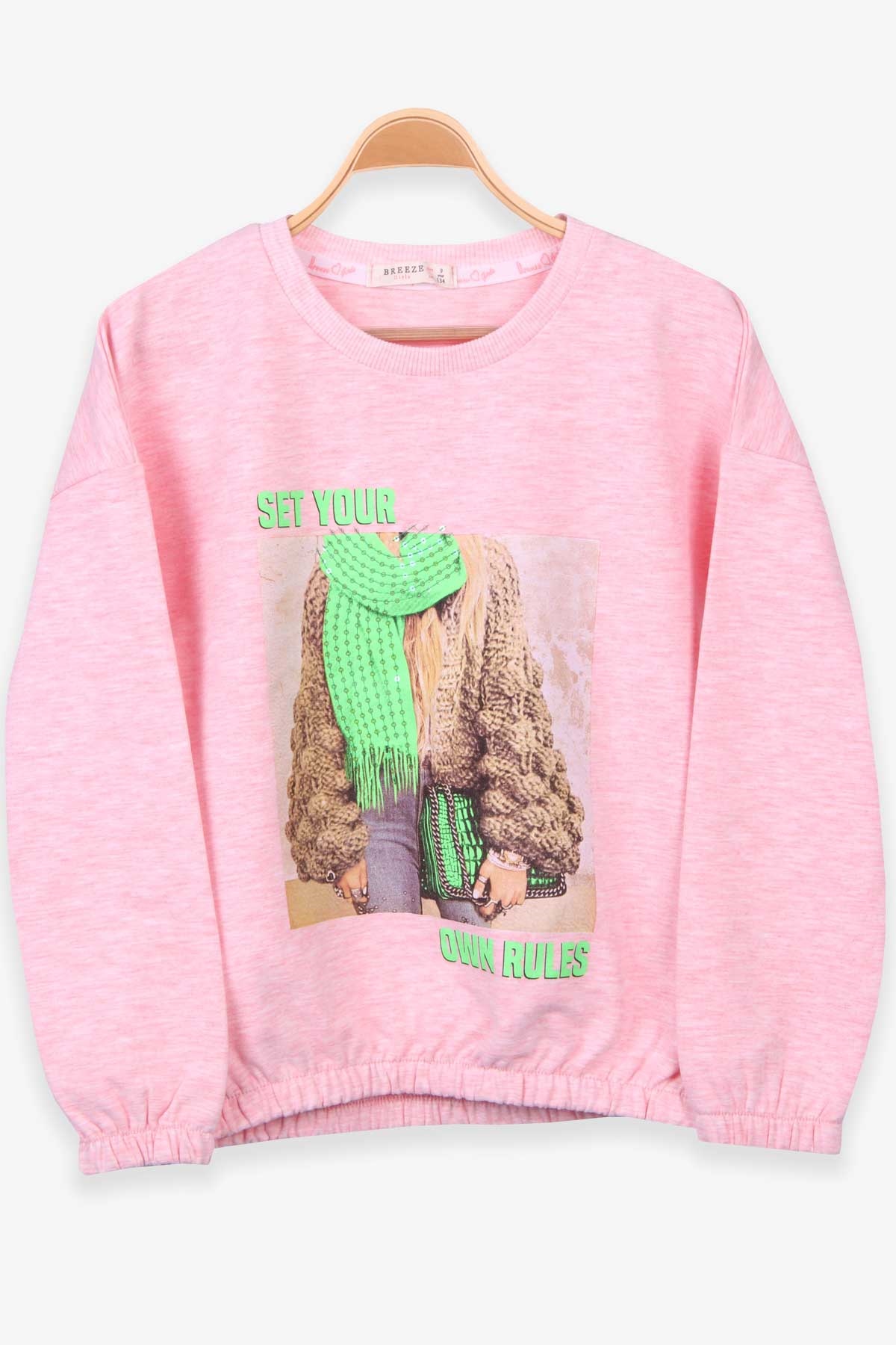 Breeze Kız Çocuk Sweatshirt Baskılı Pullu Somon Melanj (9-14 Yaş)