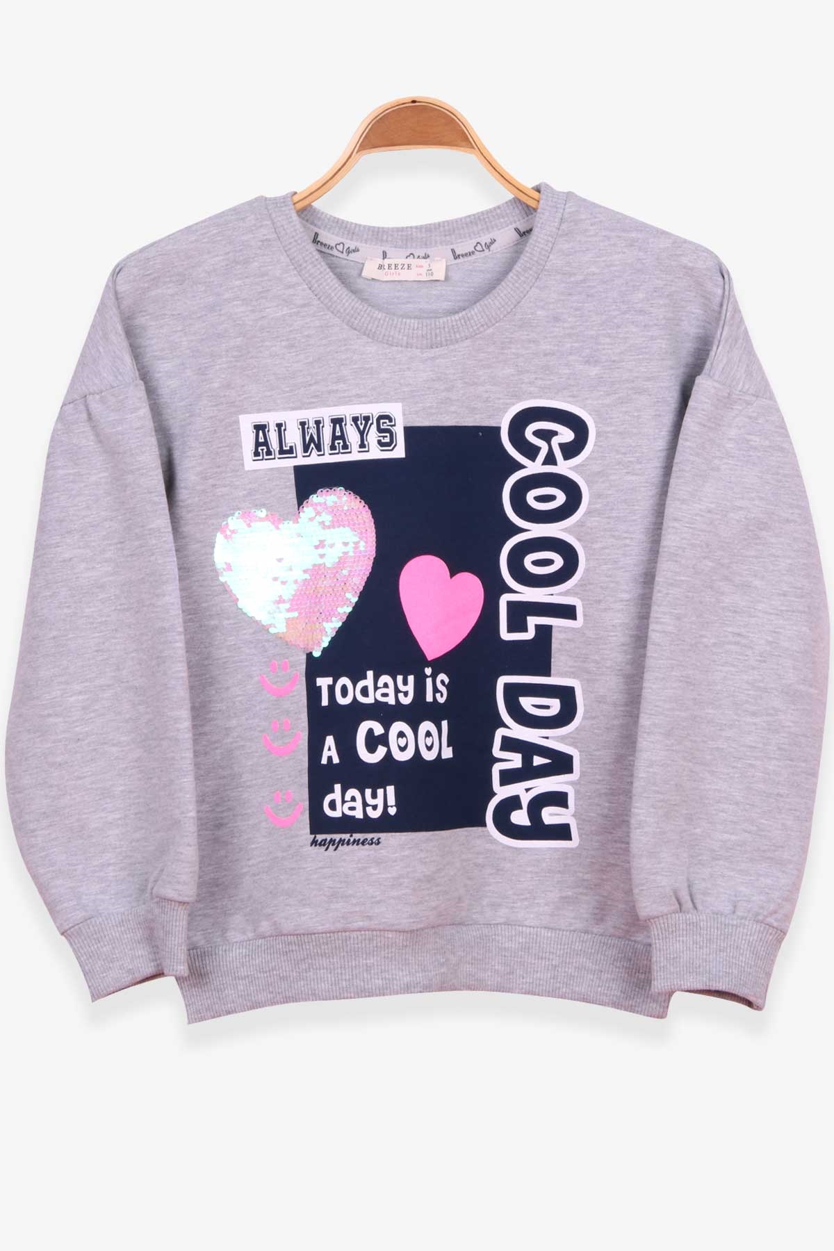 Breeze Kız Çocuk Sweatshirt Baskılı Pullu Gri Melanj (5-10 Yaş)
