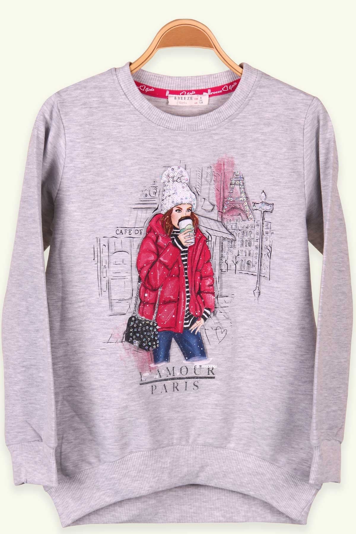 Breeze Kız Çocuk Sweatshirt Baskılı Pullu Gri (8-12 Yaş)