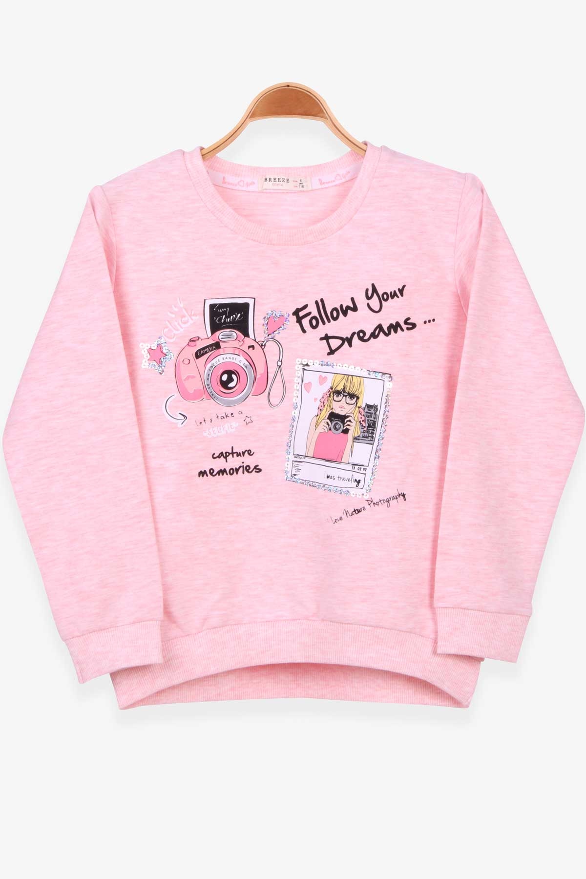 Breeze Kız Çocuk Sweatshirt Baskılı Pullu Somon Melanj (6-12 Yaş)