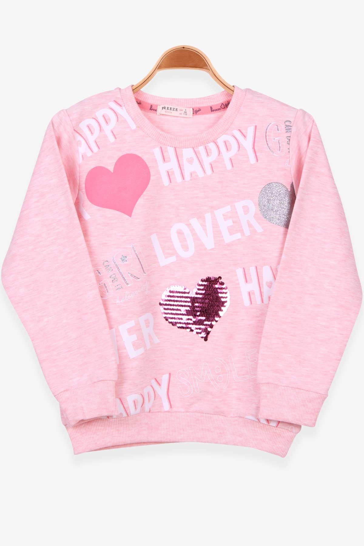 Breeze Kız Çocuk Sweatshirt Baskılı Pullu Somon Melanj (5-10 Yaş)