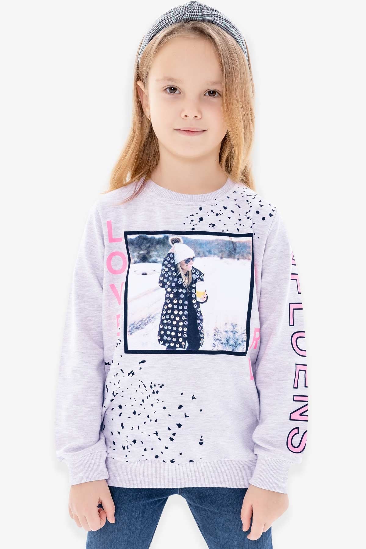Breeze Kız Çocuk Sweatshirt Baskılı Pullu Açık Gri Melanj (8-14 Yaş)