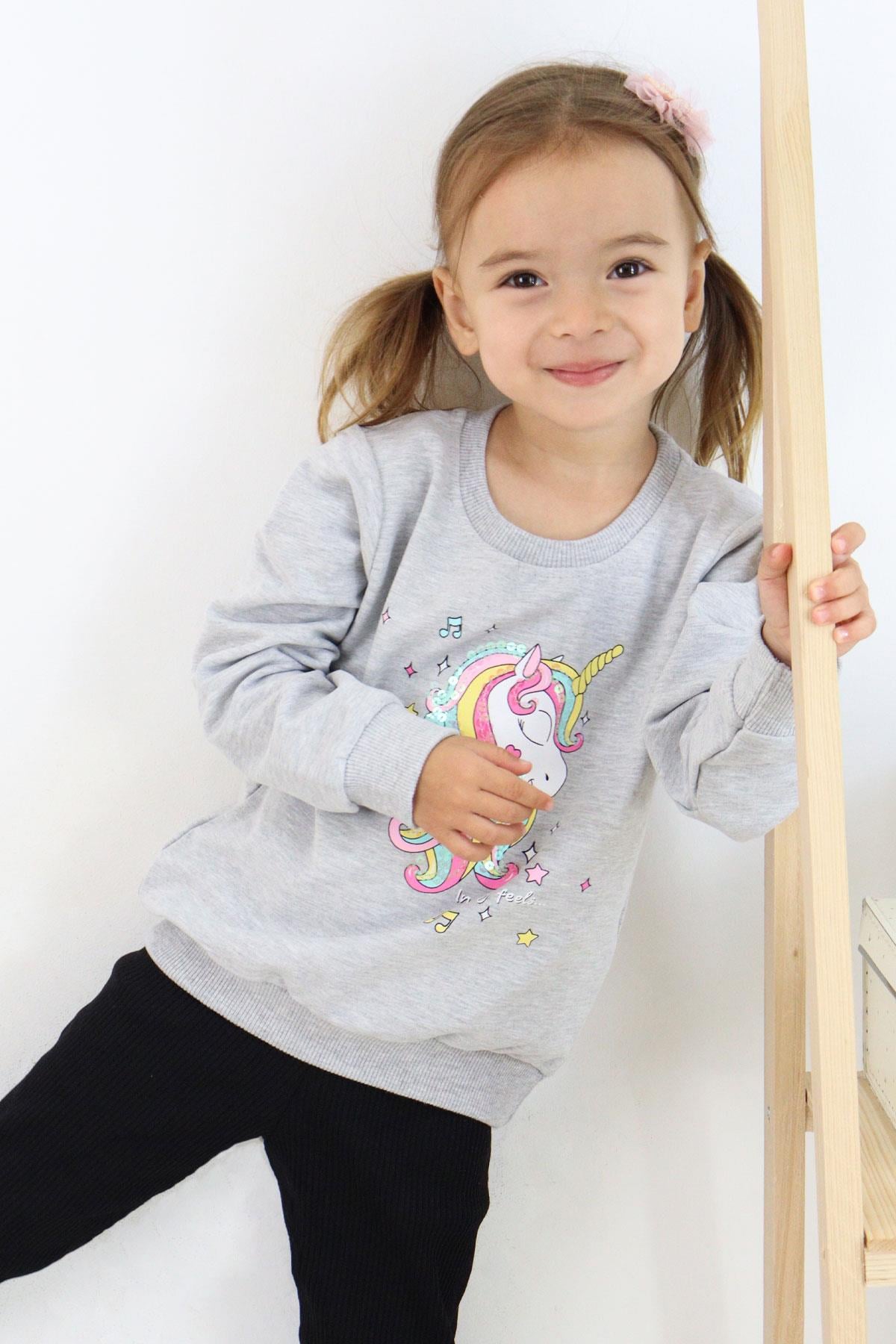 Breeze Kız Çocuk Sweatshirt Baskılı Pullu Unicorn Gri Melanj (2-3 Yaş)