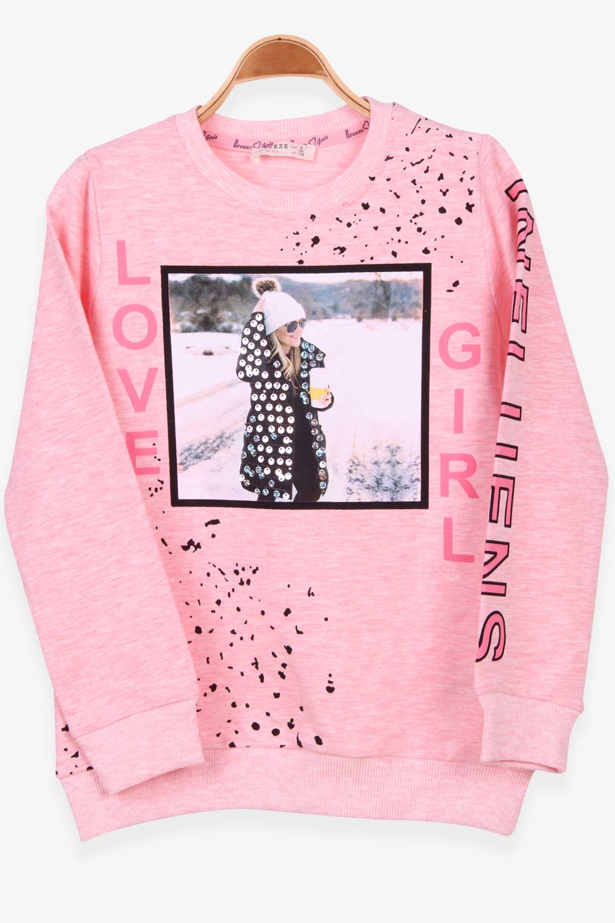 Breeze Kız Çocuk Sweatshirt Baskılı Pullu Somon Melanj (8-14 Yaş)