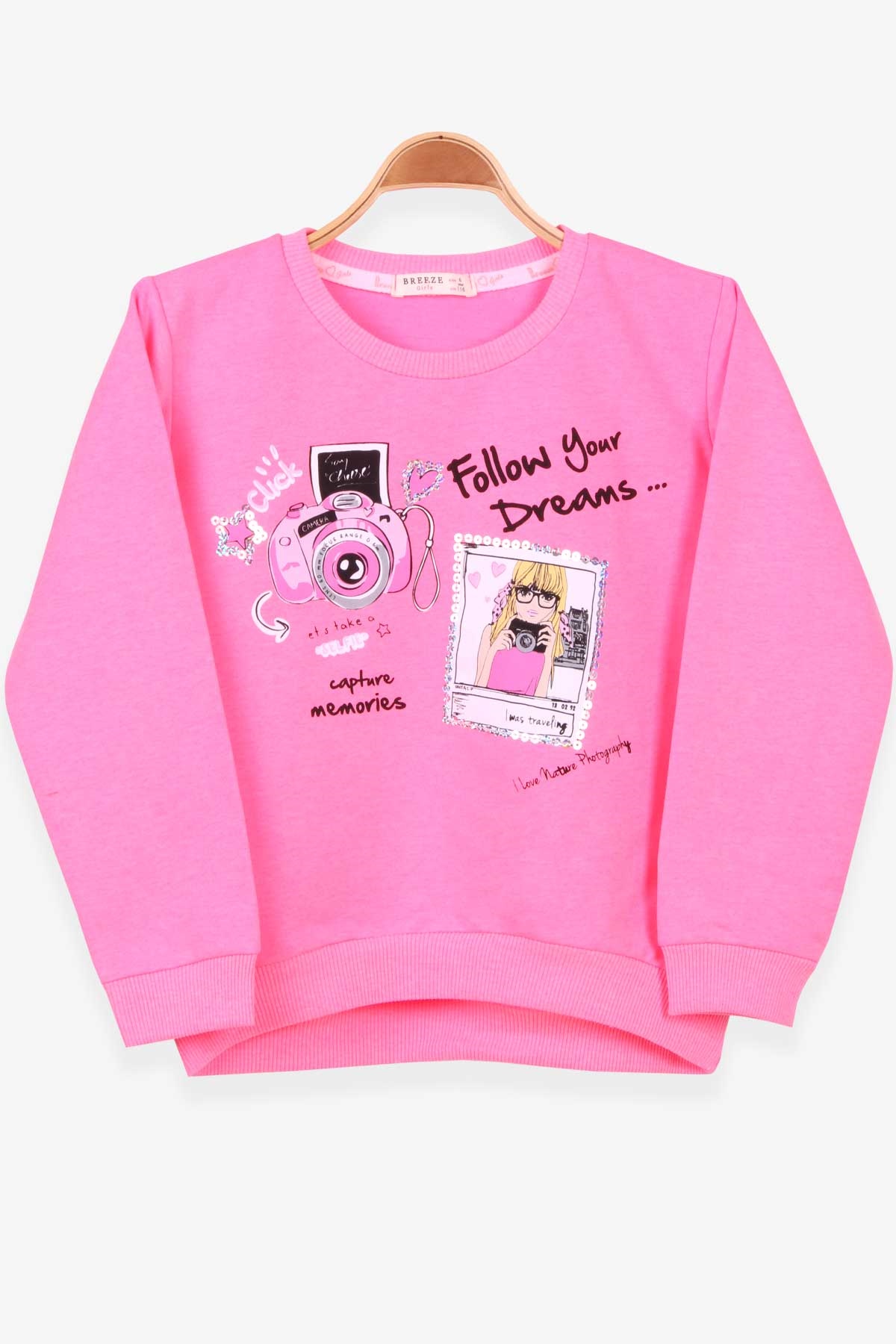Breeze Kız Çocuk Sweatshirt Baskılı Pullu Neon Pembe (6-12 Yaş)