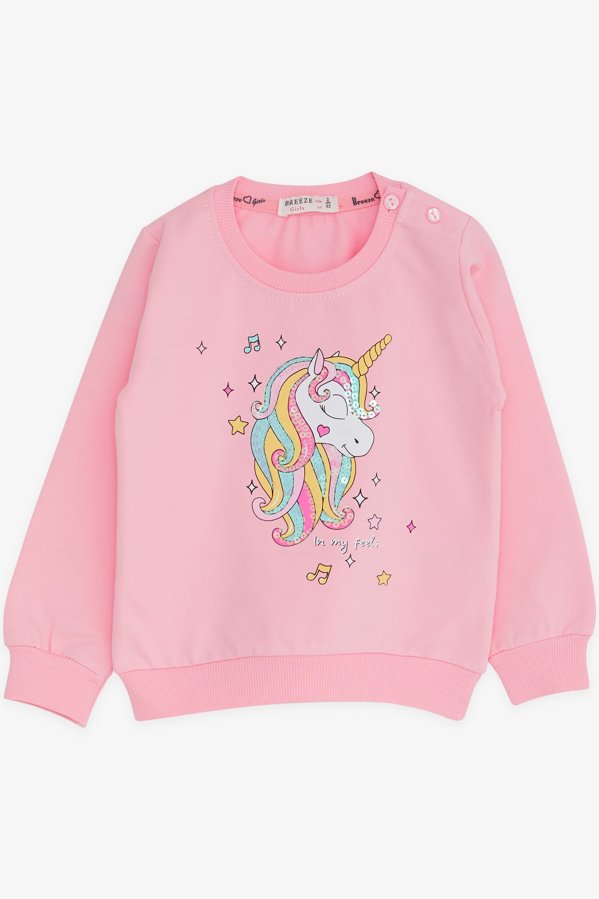 Breeze Kız Çocuk Sweatshirt Baskılı Pullu Unicorn Pudra (2-3 Yaş)