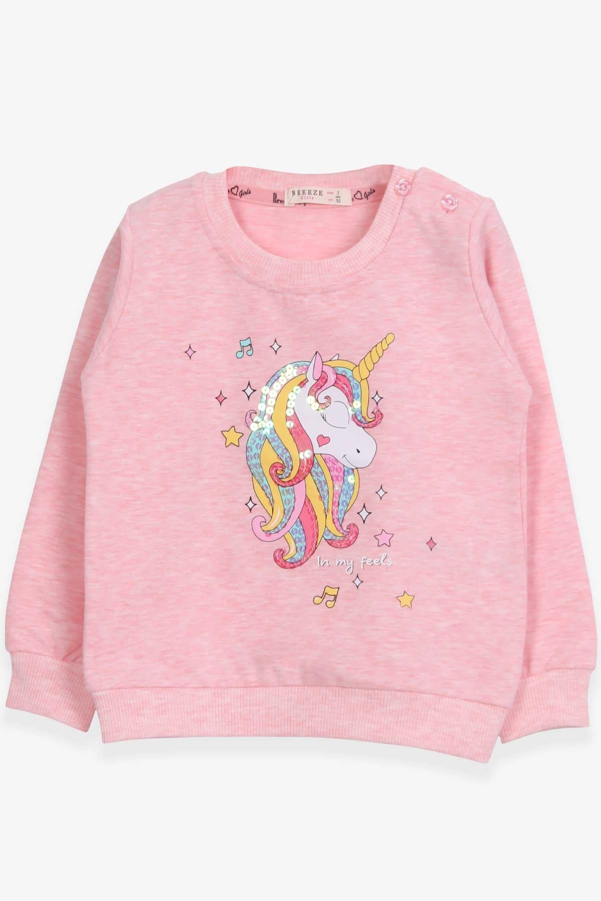 Breeze Kız Çocuk Sweatshirt Baskılı Pullu Unicorn Somon Melanj (2-6 Yaş)