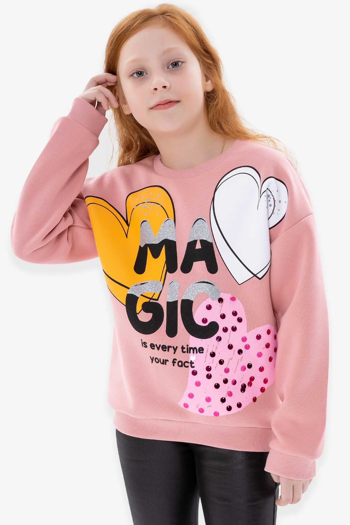 Breeze Kız Çocuk Sweatshirt Baskılı Pullu Gülkurusu (8-12 Yaş)