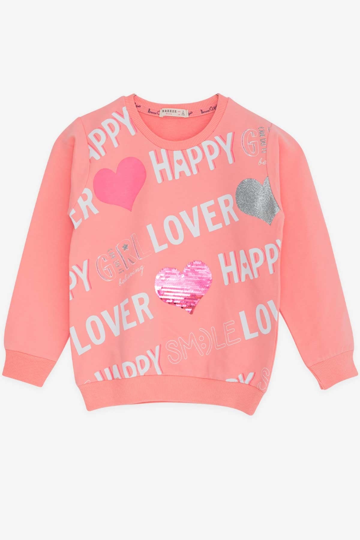 Breeze Kız Çocuk Sweatshirt Baskılı Pullu Somon (5-10 Yaş)