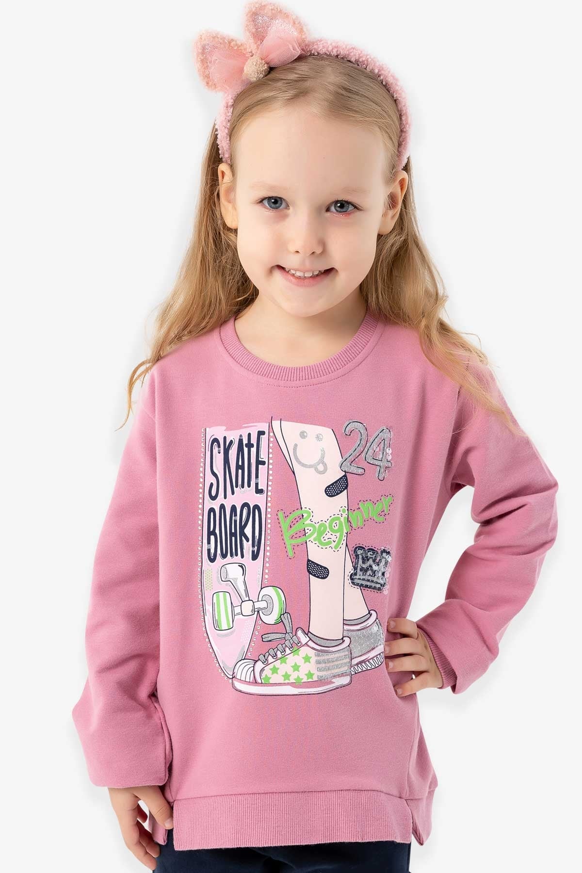 Breeze Kız Çocuk Sweatshirt Baskılı Taşlı Gülkurusu (4-8 Yaş)