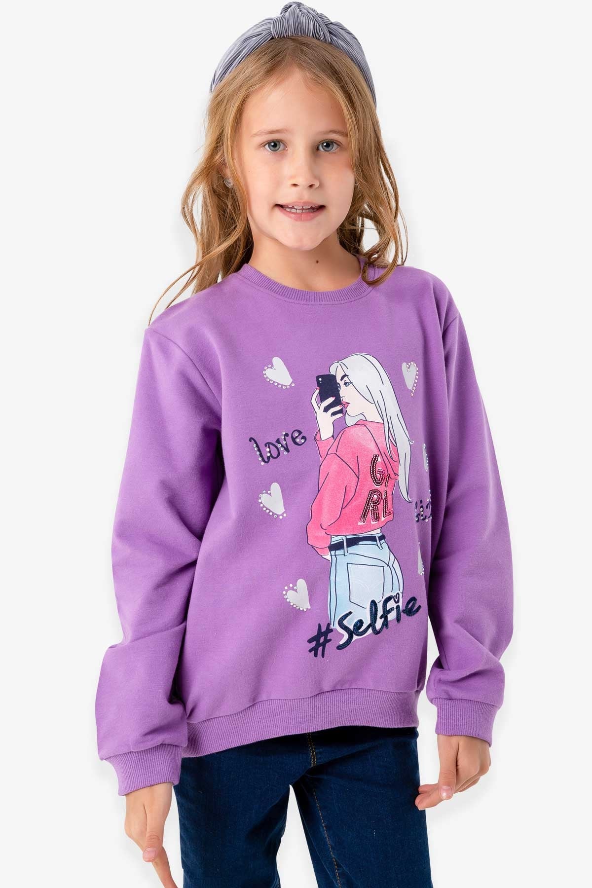 Breeze Kız Çocuk Sweatshirt Baskılı Taşlı Mor (8-12 Yaş)