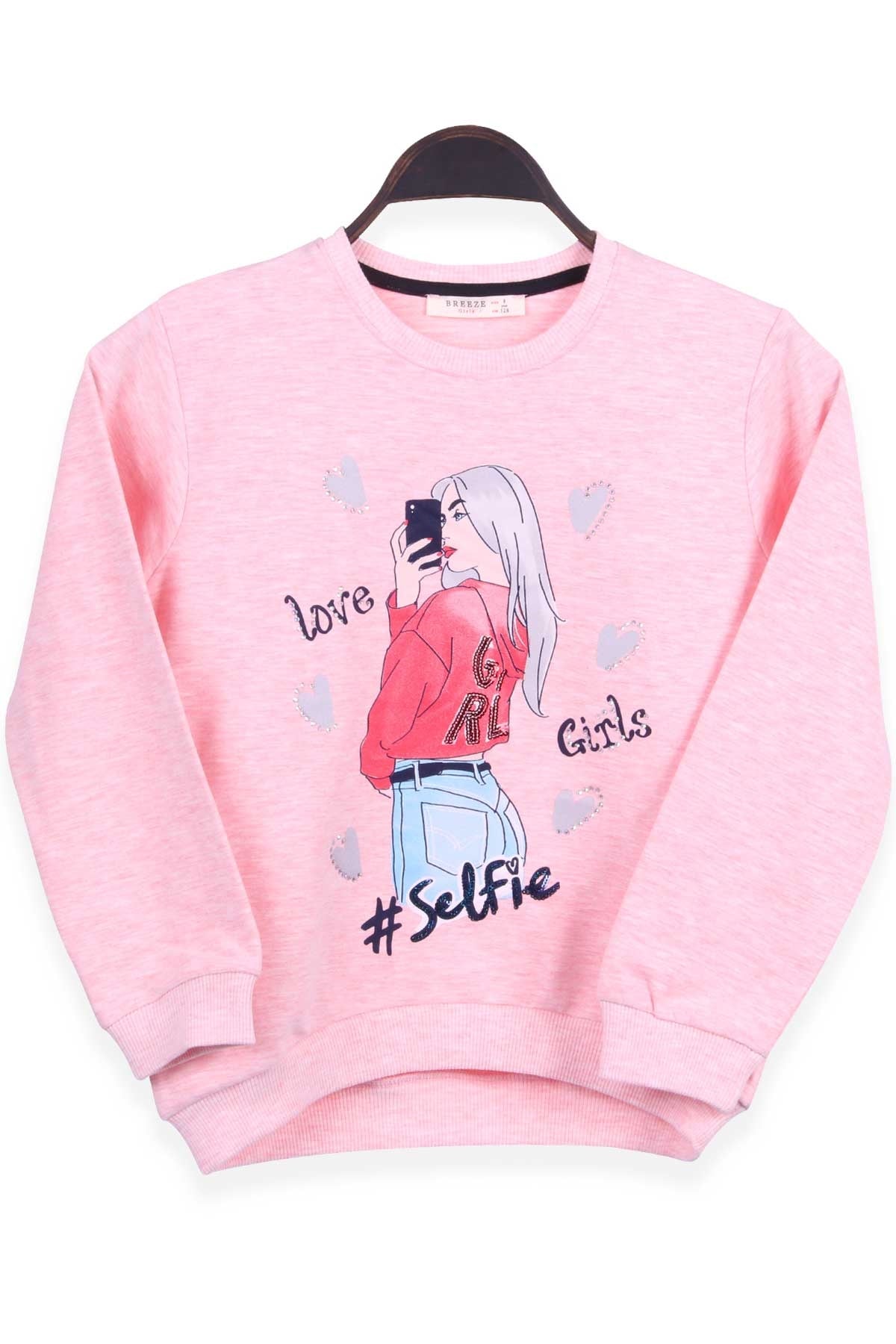 Breeze Kız Çocuk Sweatshirt Baskılı Taşlı Somon Melanj (8-14 Yaş)