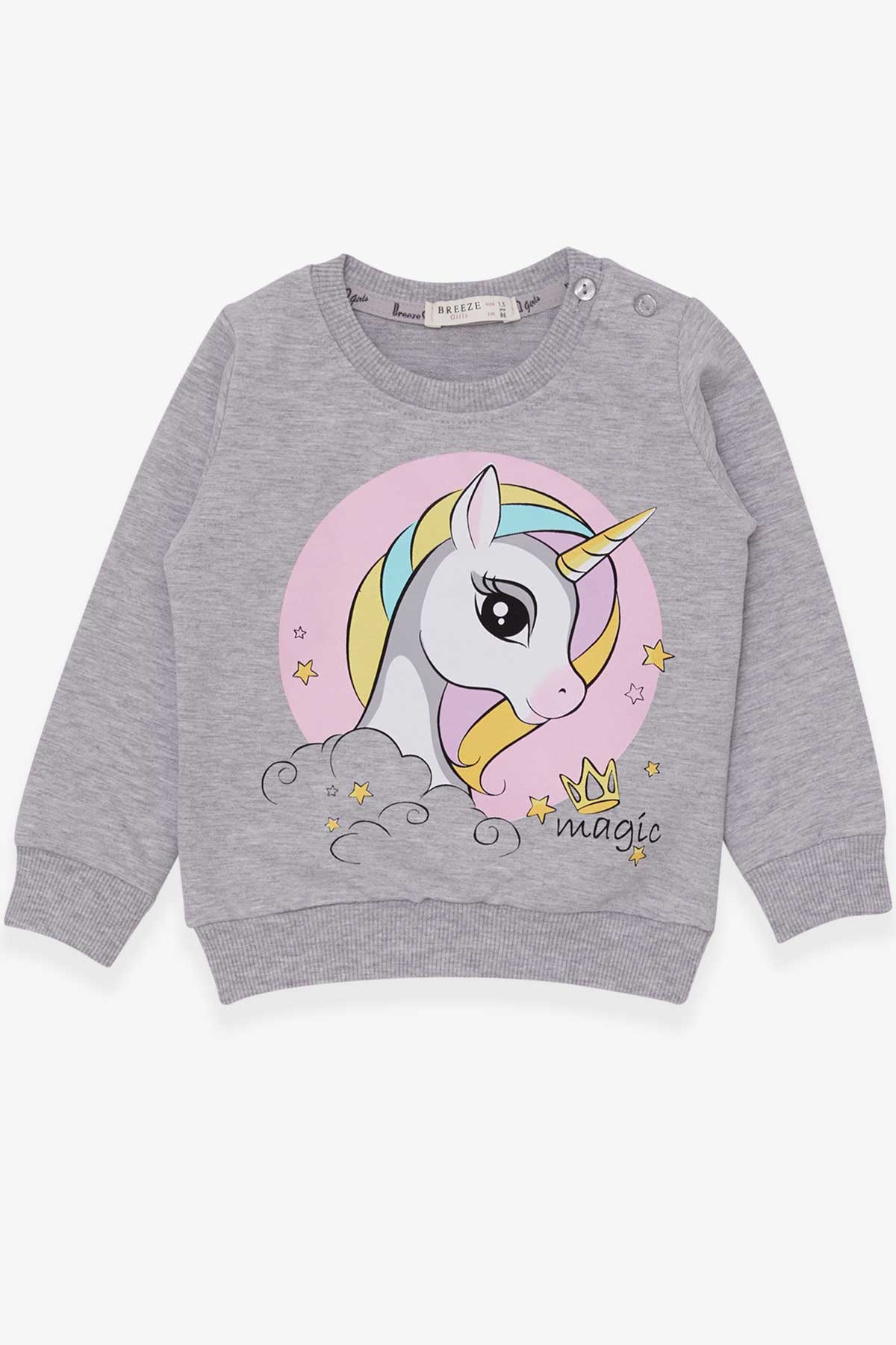 Breeze Kız Çocuk Sweatshirt Baskılı Unicorn Gri Melanj (1.5-5 Yaş)