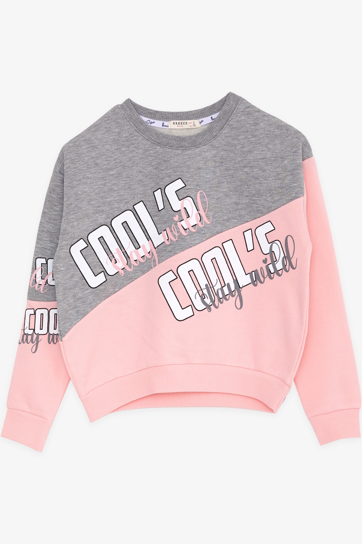 Breeze Kız Çocuk Sweatshirt Blok Desen Yazı Baskılı Gri Melanj (10-14 Yaş)