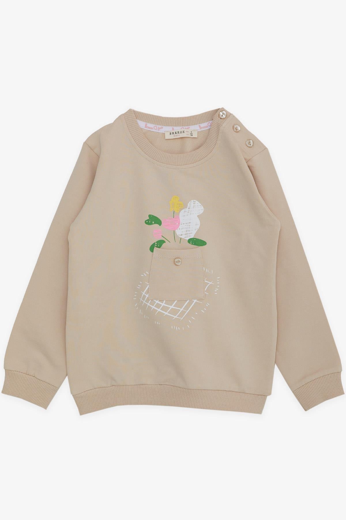 Breeze Kız Çocuk Sweatshirt Cepli Çiçek Baskılı Bej (1-4 Yaş)