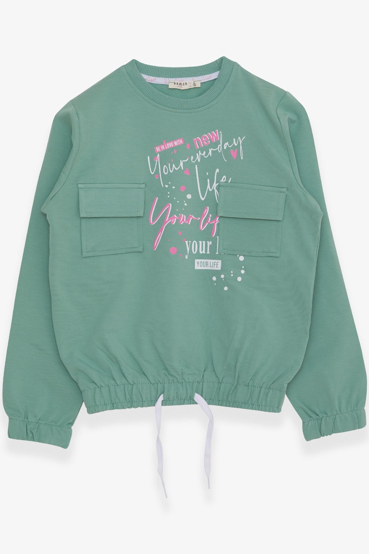 Breeze Kız Çocuk Sweatshirt Cepli Yazı Baskılı Mint Yeşili (8-14 Yaş)