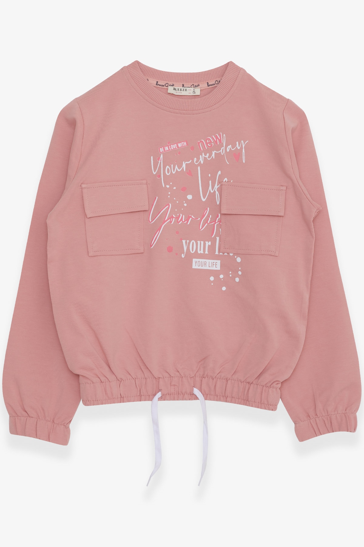 Breeze Kız Çocuk Sweatshirt Cepli Yazı Baskılı Gülkurusu (8-14 Yaş)