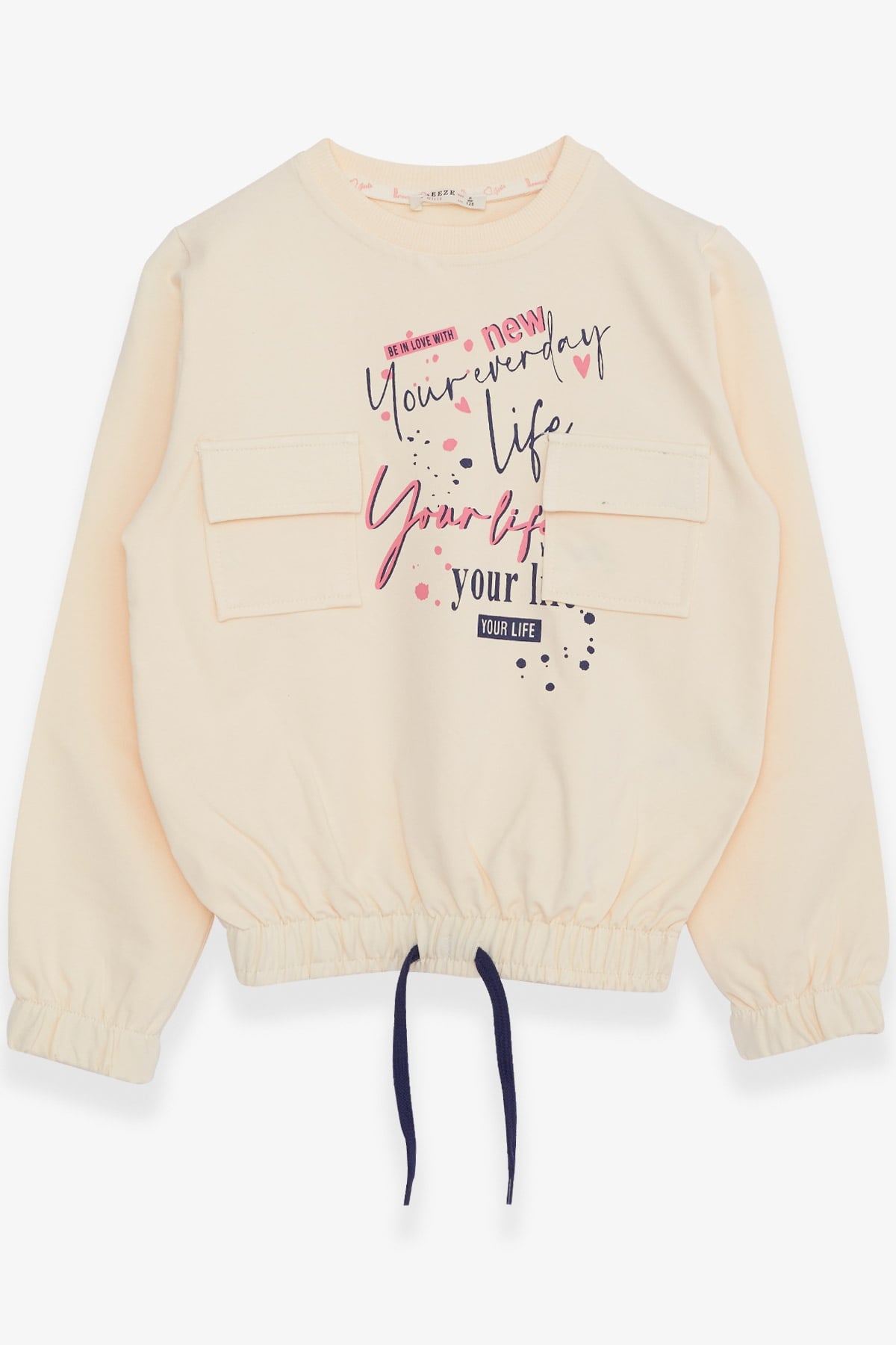 Breeze Kız Çocuk Sweatshirt Cepli Yazı Baskılı Krem (8-14 Yaş)