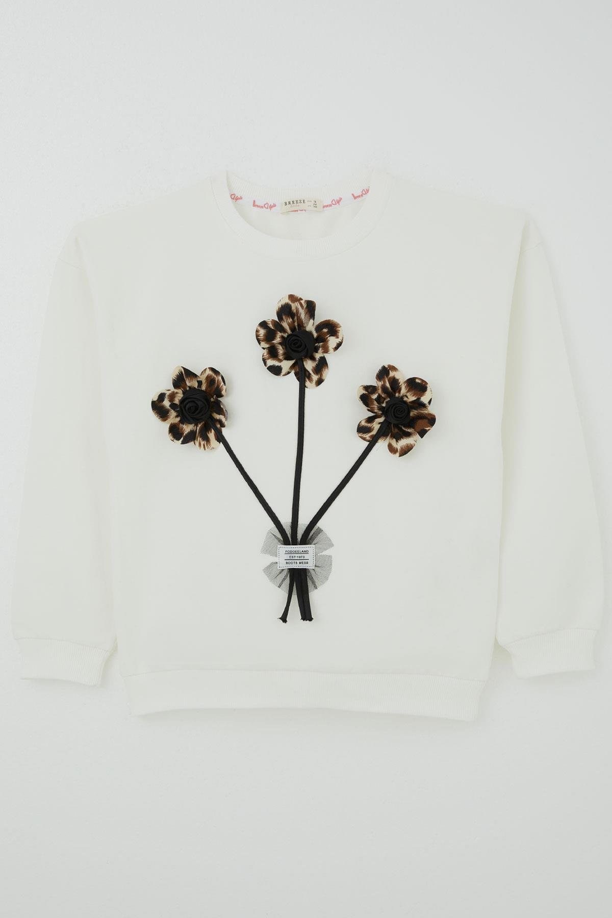 Breeze Kız Çocuk Sweatshirt Çiçek Buketi Yazı Armalı Tüllü Ekru (9-14 Yaş)