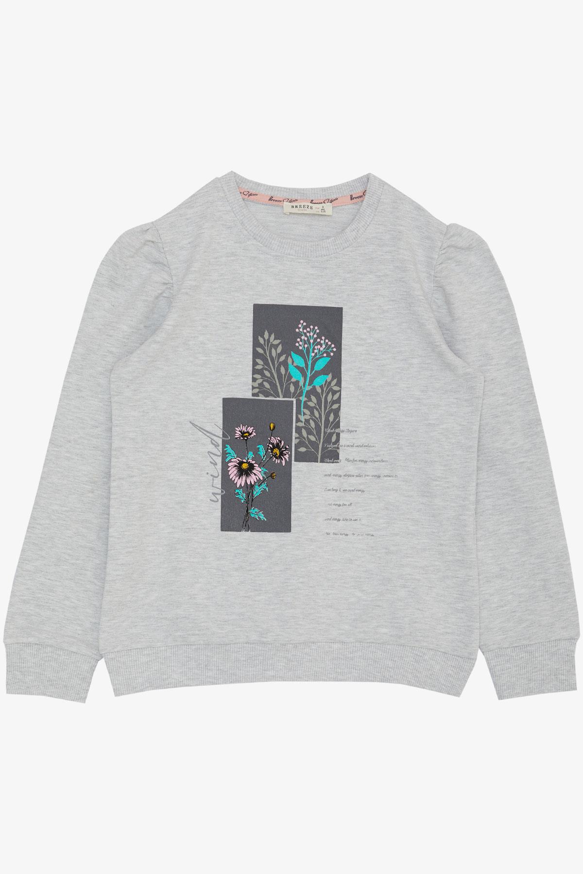 Breeze Kız Çocuk Sweatshirt Çiçek & Yazı Baskılı Açık Gri Melanj (6-12 Yaş)