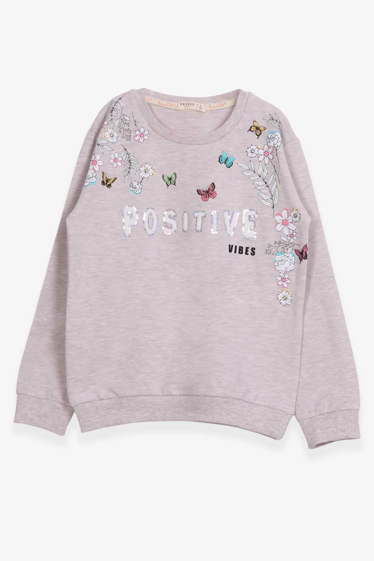 Breeze Kız Çocuk Sweatshirt Çiçekli Kelebek Baskılı Bej Melanj (8-12 Yaş)