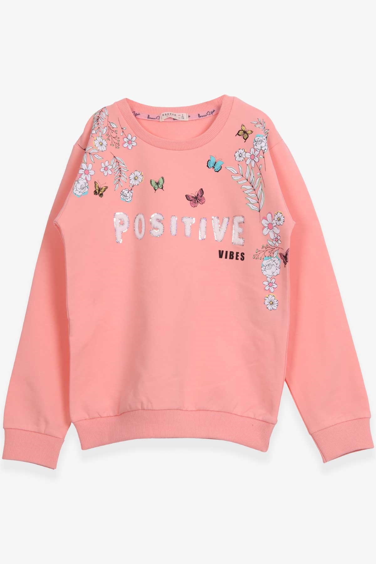 Breeze Kız Çocuk Sweatshirt Çiçekli Kelebek Baskılı Somon (8-12 Yaş)