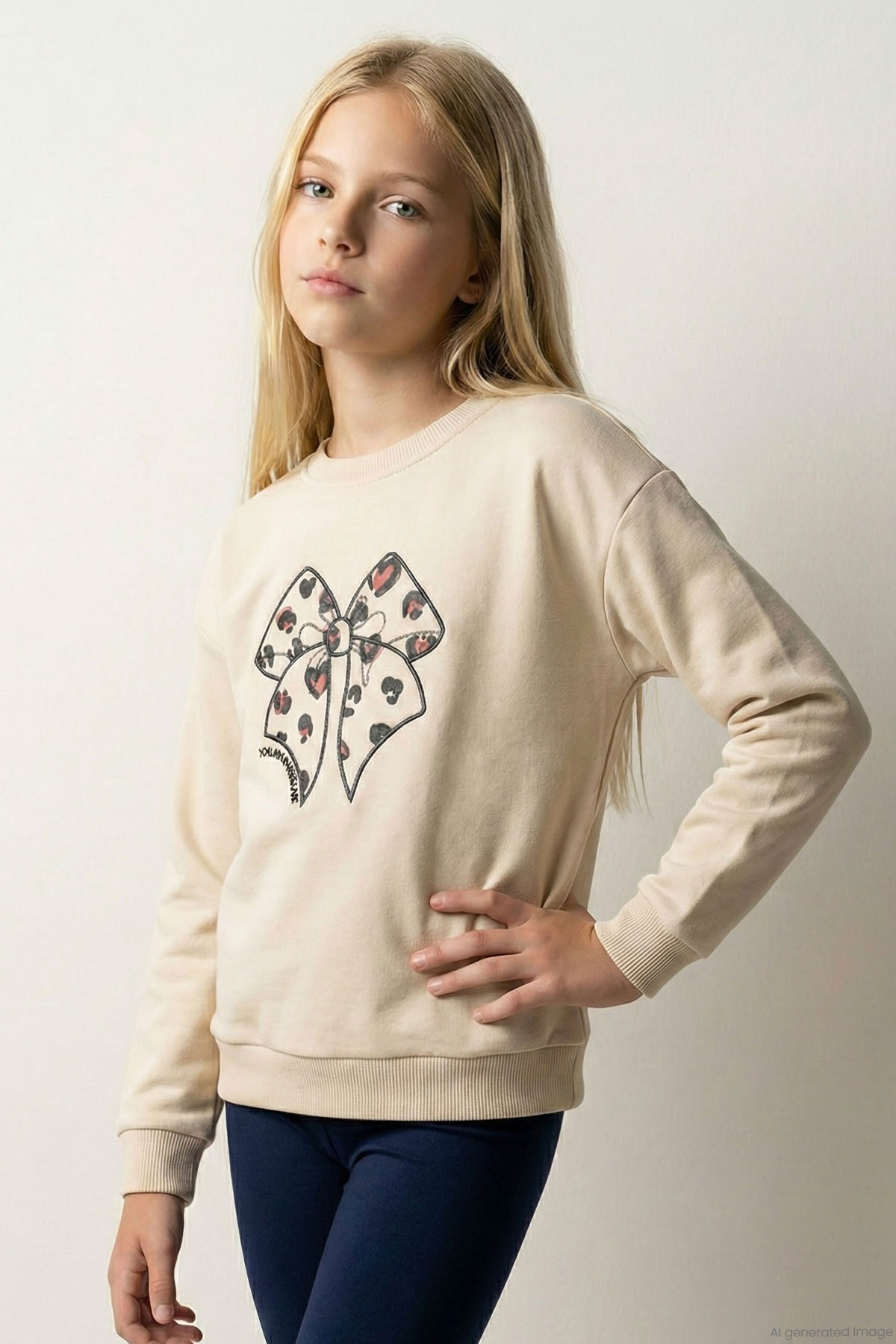 Breeze Kız Çocuk Sweatshirt Fiyonk Baskı Nakışlı Yazılı Krem (6-10 Yaş)
