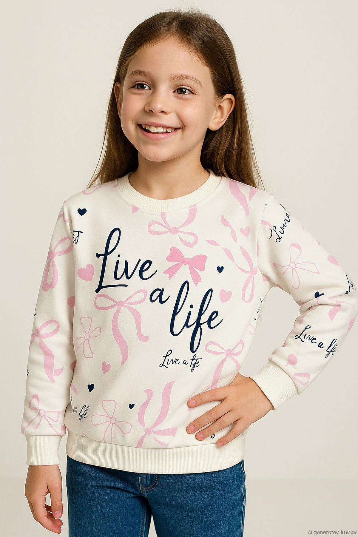 Breeze Kız Çocuk Sweatshirt Fiyonk & Kalp Baskılı Ekru (3 Yaş)