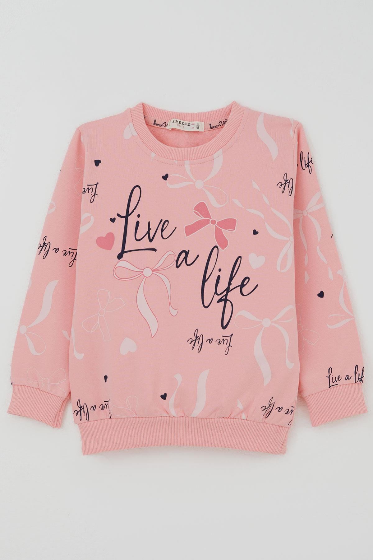 Breeze Kız Çocuk Sweatshirt Fiyonk & Kalp Baskılı Pembe (3-8 Yaş)