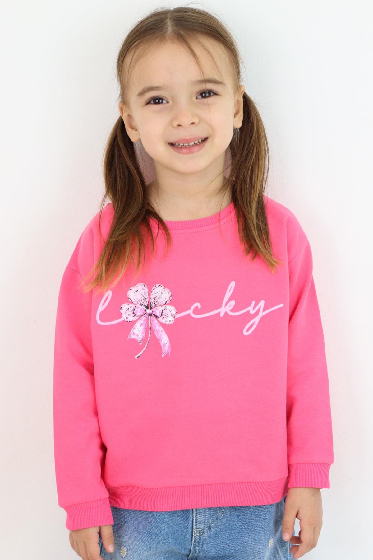 Breeze Kız Çocuk Sweatshirt Fiyonklu Çiçek Baskılı Pembe (2-5 Yaş)