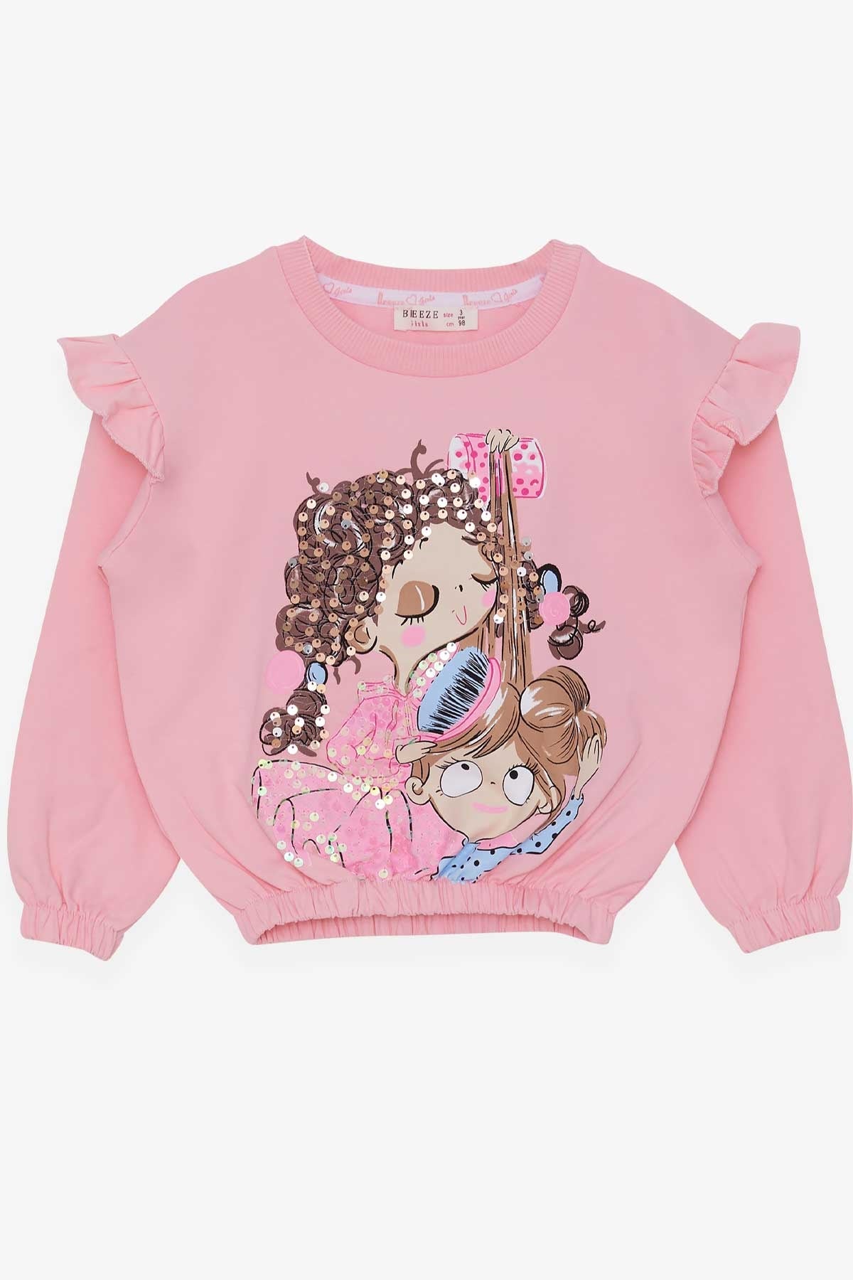 Breeze Kız Çocuk Sweatshirt Fiyonklu Pullu Pudra (3-7 Yaş)