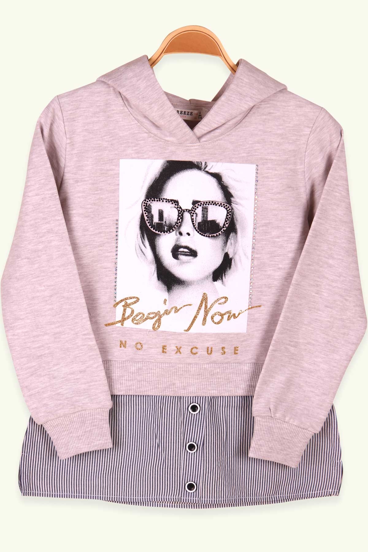 Breeze Kız Çocuk Sweatshirt Gömlek Detaylı Kapüşonlu Bej (6-12 Yaş)