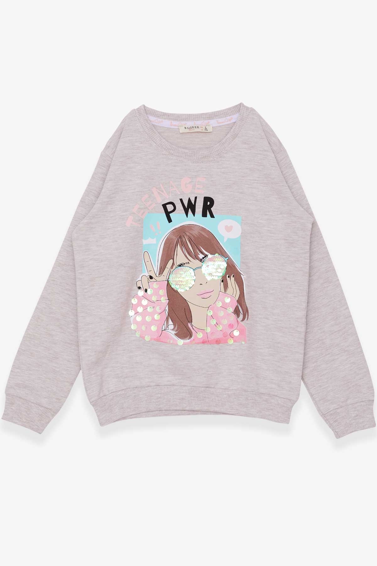 Breeze Kız Çocuk Sweatshirt Gözlüklü Pullu Kız Baskılı Bej Melanj (6-12 Yaş)