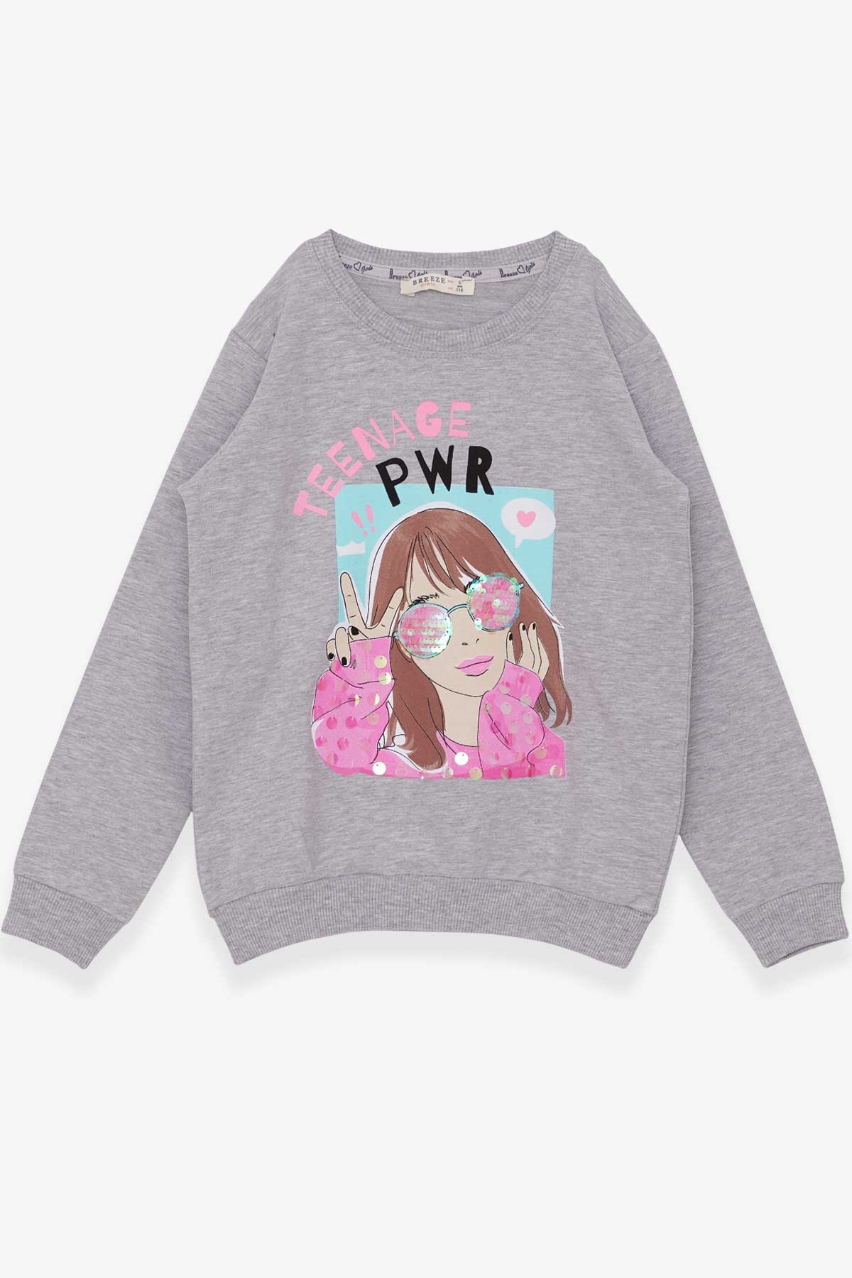 Breeze Kız Çocuk Sweatshirt Gözlüklü Pullu Kız Baskılı Gri Melanj (6-12 Yaş)